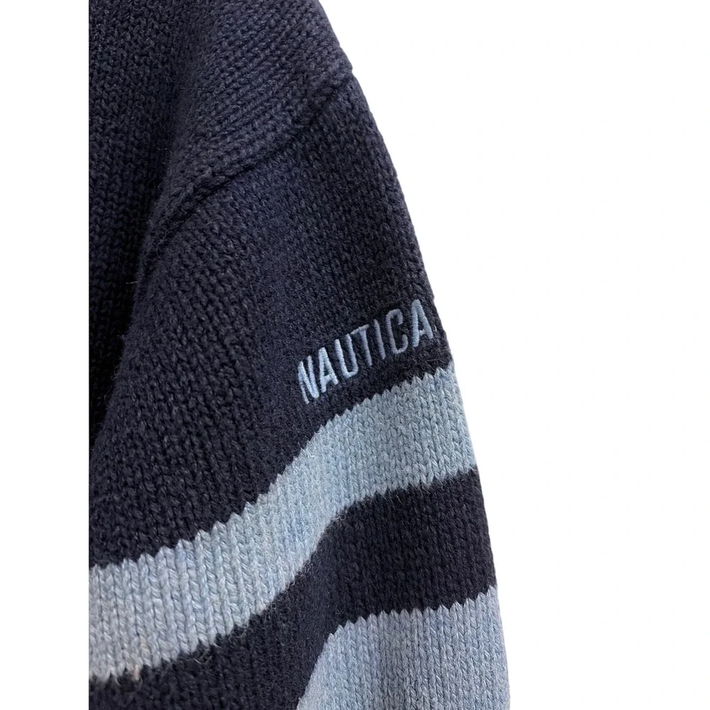 Sweater Mock Neck Gorpcore Nautica Mens Large Navy Blue Striped Ribbed‎ Knit
